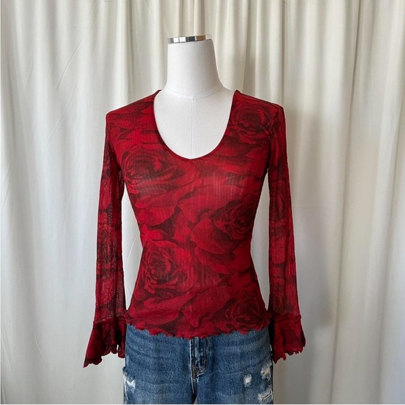 Vintage Y2K Therapy by Cheryl Taylor Red floral mesh top fairy grunge - Picture 3 of 9